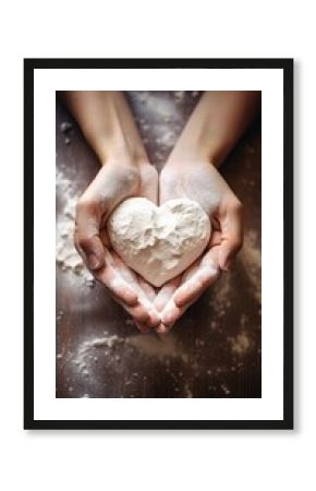 Hands creating heart shapes with flour while baking ingredient freshness holding.