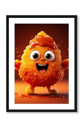 Cute Cartoon Chicken Nugget Food Character Covered in BBQ Sauce