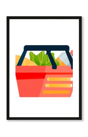 Supermarket shopping cart with products vector illustration. Buying food. Store, shop, market, grocery store trolley. Products purchase. Healthy diet, nutrition.