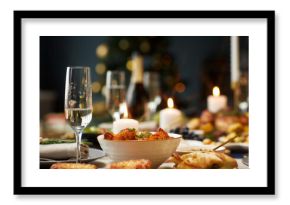 Background shot of baked potato wedges as side dish and champagne glass with sparkling drink served on festive dining table on Christmas Eve, copy space