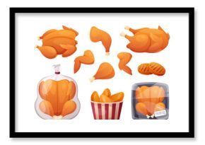 Chicken meat. Vector set of whole roasted chicken in tray packing with baked wings, chicken drumsticks, fast food, tasty nugget. Grill turkey meat. Poultry package for supermarket, grocery market