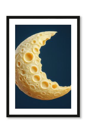 Crescent moon made of cheese. Cheesy moon. Moon made of cheese. Moon made of white cheese.  Moisten cheese moon. Cheese moon isolated.