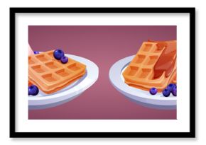 Belgian waffles served on ceramic plates. Golden crispy squares topped with fresh blueberries, caramel syrup drizzle and ice cream. Cartoon breakfast bakery with generous toppings and berries.