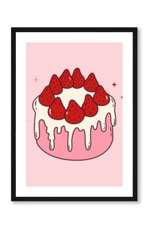 Cute pink bento cake with melting glaze and strawberries on top. Girly dessert for birthday, valentine day, anniversary. Hand drawn doodle pastry. Vector illustration