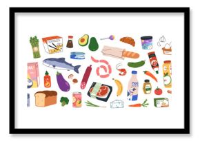 Food products set. Supermarket groceries, goods. Meat steak, fish, milk bottle, vegetables, fruits and baguette. Pasta, sausages, egg, ice-cream. Flat vector illustration isolated on white background