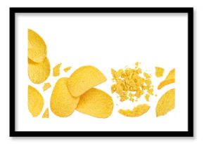 Potato chips isolated on white background with full depth of field. Top view with copy space for your text. Flat lay.