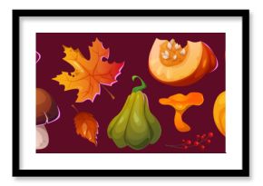 Autumn leaves icon. Fall pumpkin and mushroom set. Forest harvest cartoon illustration for Thanksgiving. September, October and November nature decoration isolated drawing. Orange chanterelle graphic