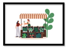 Farmer market stall. Buyer buying fresh organic vegetables and natural greens. Vendor selling local farm produce in outdoor marketplace. Flat vector illustration isolated on white background