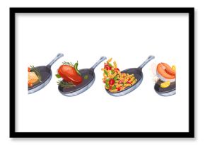 Flying salmon, beef steak and pasta with vegetables in cartoon frying pans set. Falling meat, fish, fusilli on pans. Chef recipe mascot, cooking process cartoon collection vector illustration