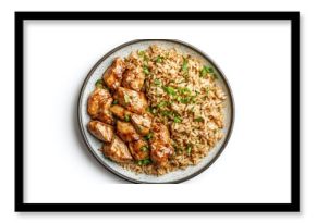 Top view of teriyaki chicken and rice on a white background