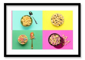 Group of bowls of cereal breakfast on color backgrounds, top view