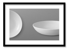 3d white empty plate for soup. Ceramic bowl vector. Realistic round porcelain salad serving tableware mockup for restaurant. Clean crockery isolated on transparent background. Deep glass dinnerware