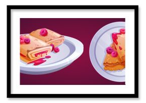 Pancakes served with raspberries set isolated on background. Vector cartoon illustration of rolled and folded thin fried pan cakes with sweet berry jam on plate, top view, cafe breakfast menu icons