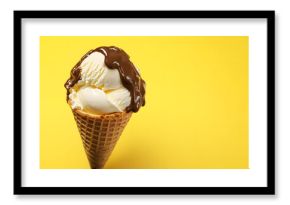 Melted ice cream in wafer cone on yellow background, top view. Space for text