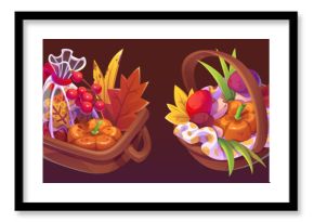 Autumn fruit and vegetable basket isolated vector. Healthy eating mushroom picking for picnic or thanksgiving with plenty leaves. Pumpkin food harvest in wicker fall symbol set with ribbon for game