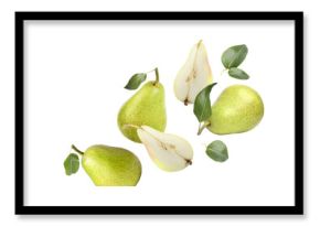 Fresh pears and green leaves in air on white background