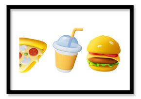 Vector illustration of realistic set of fast food icon. Burger, piece of pizza, ice cream, donut, drink cup. 3d style design of fast food collection with hamburger, pizza, ice cream, donut and cup