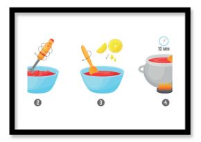 Jam recipe from strawberry step by step. Berry sweet marmalade with sugar, cooking at home kitchen. Simple tasty dessert, homemade food neoteric vector scene