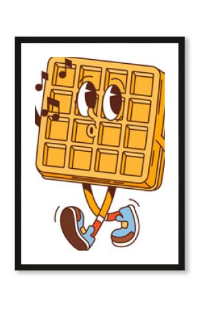 Groovy belgian waffle character. Street cafe or breakfast dessert food funny cartoon personage, restaurant menu pastry or sweet meal cute groovy character. Belgian waffle mascot walking and signing