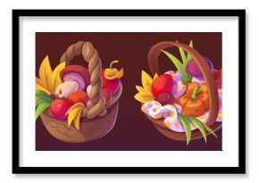 Autumn baskets set isolated on brown background. Vector cartoon illustration of wicker boxes with fruit and vegetable harvest, pumpkin, mushrooms and apples, yellow leaves, Thanksgiving Day symbol