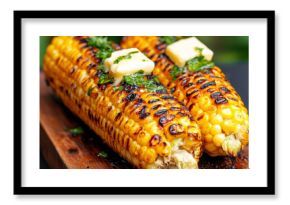 A close-up of freshly grilled corn on the cob, topped with butter and herbs, served on a wooden board.