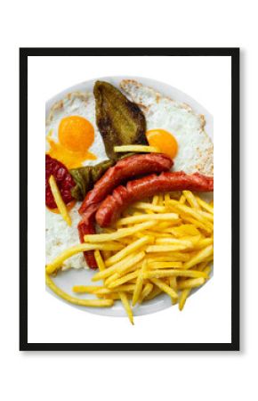 Sausages with fried eggs, potatoes and peppers served for breakfast. Isolated over white background