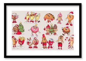 Groovy Christmas fast food cartoon characters set. Funny retro hotdog and coffee, French fries and ice cream, burger, donut. Christmas mascots, cartoon collection of 70s 80s style vector illustration