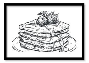 Hand-drawn illustration of pancakes with strawberries and syrup on a plate.