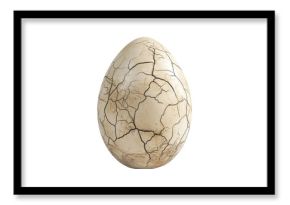 Large cracked dinosaur chicken egg with textured surface and detailed fractures, isolated on white transparent background. Concept of prehistoric life and hatching
