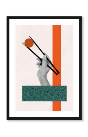 Vertical contemporary photo collage of hand hold chopsticks sushi oriental ornament asian food cafe order snack japan traditional meal