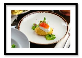 poached egg with cutlet and caviar