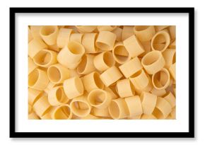 Raw Calamarata Big Pasta Isolated, Homemade Dry Macaroni, Italian Raw Round Noodle