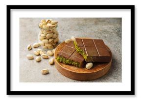 Pieces of Dubai chocolate bar with pistachios and knafeh on grey table