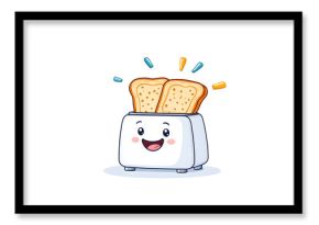 A cheerful cartoon toaster with a smiling face and two slices of toast popping up on a white background