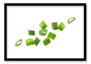 Chopped green onion. Fresh slices flying on white background