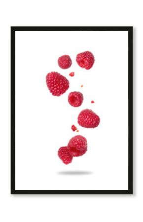 Ripe raspberries floating in the air close-up on a white background