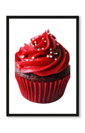 Chocolate cupcake with red swirl frosting and white sprinkles, isolated on white transparent background. Concept of dessert and celebration treat