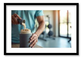 Man pouring whey protein powder into shaker bottle. Preparing protein shake at gym. Healthy lifestyle concept. Sport, nutrition supplements for body building, weight gaining, dieting, fitness, health.