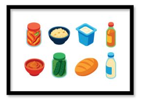 Vibrant grocery icons set featuring food items in 3d style for digital applications