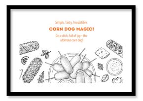 Hand drawn corndog frame. Korean food. Corn dog sketch. Fast food vector illustration. Hand drawn vector illustration. Hand drawing sketches