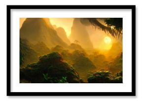 Fantasy neon forest, jungle at sunset. Mystical unreal forest. Beautiful neon landscape. 3D illustration.