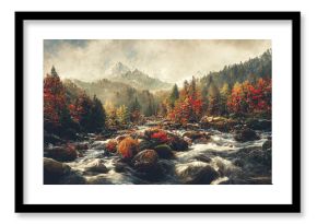 Spectacular autumnal forest panorama with a mountain range in the distance, bright orange leaves on the forest floor, and a rushing creek bordered by woods. Digital art 3D illustration.