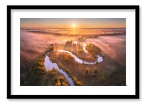 Aerial view of beautiful curving river in pink low clouds at sunrise in autumn in Ukraine. Turns of river, meadows, grass and orange trees, golden sun rays at dawn in fall. Top view of river coast