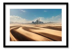 Futuristic Arab Desert City with Tall Skyscraper Buildings. Fantasy Backdrop. Concept Art. Realistic Illustration Video Game Background Digital Painting CG Artwork Scenery Artwork. Book Illustration 