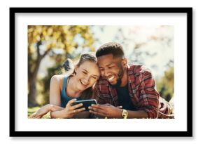 Phone, park and relax diversity couple streaming online comedy movie, funny subscription video or romantic show. Love, freedom peace and bonding black man and woman watch social media meme on date