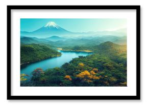 Beautiful japanese landscape in summer with forest, river and mount fuji in the background