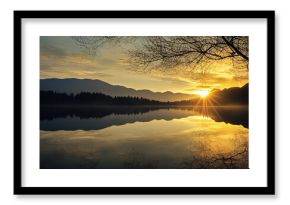 Illustration of a Sunrise over the lake with mountains and trees