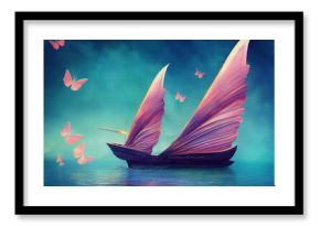 fantasy whimsical pink pastel sailboat at calm sea with butterflies , digital art, illustration