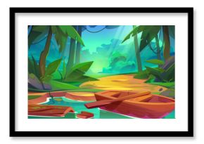Wooden boat on lake in jungle forest. Summer landscape of tropical rainforest with trees, plants, lianas, path, pond and empty rowboat with oar, vector cartoon illustration