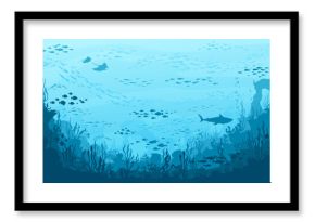 Underwater landscape. Manta and shark, seaweeds and corals, fish shoal silhouettes on ocean bottom. Vector background with sea vegetation and animals. Water life, Aquatic biodiversity, marine life
